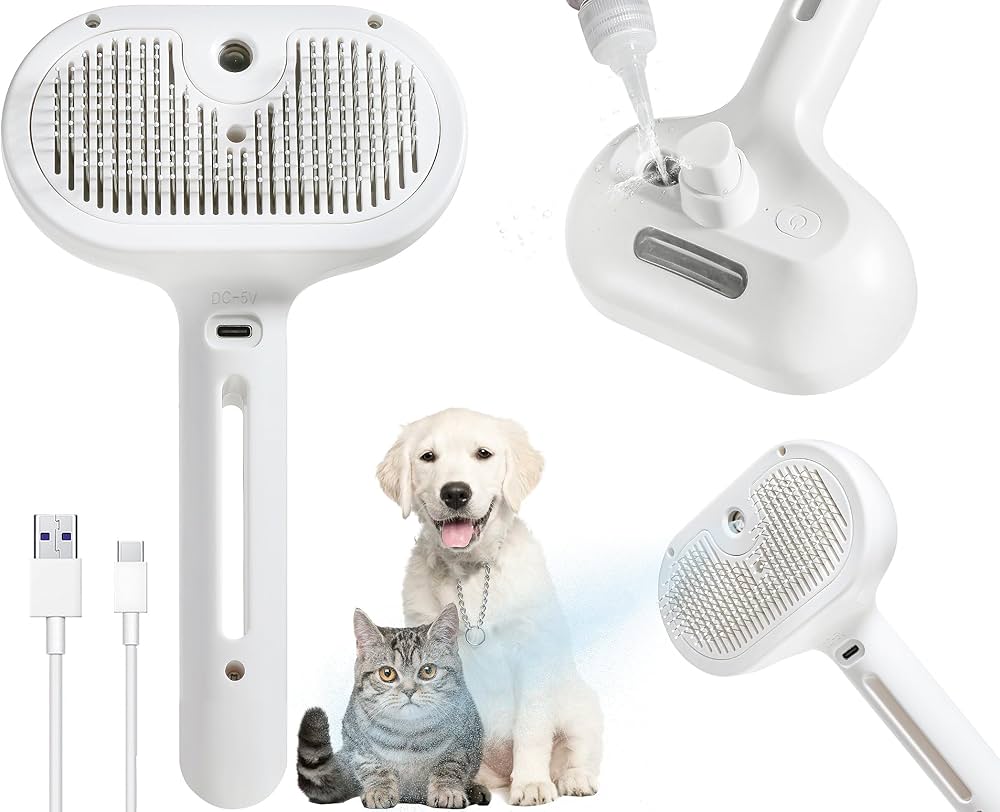 3-1 Cat Steam Brush for Shedding Steamy Grooming Brush for Long & Short Hair Cats & Dogs Self-Cleaning Pet Hair Removal Comb with Water Tank Dog Brush